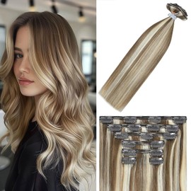 WindTouch Clip In Hair Extensions Real Human Hair Blonde Extensions Thick Ash Blonde to Platinum Blonde Hair Highlights For Blonde Clip Ins 22 in 120g 7PCS