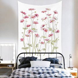 Shukqueen Pink Flowers Tapestry Green Leaves White Wall Tapestry Wall Hanging for Bedroom Living Room Dorm Decor - 28.7 x 37.4 inches(73x95 cm)
