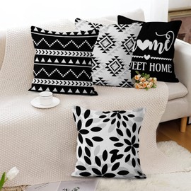 Hnmdmyi Cushion Covers, Black and White, 45 x 45 cm, Set of 4, Boho Cushion Covers, Sweet Home, Farmhouse, Modern, Geometric, Neutral, Decorative Linen Cushion Cover for Sofa, Couch, Bed, Garden,