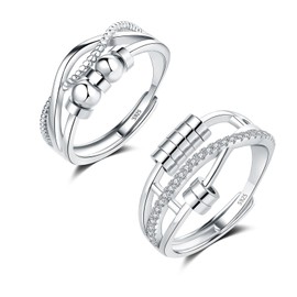 Glintara Anxiety Ring 925 Silver 2 Pieces 925 Sterling Silver Anti-Stress Ring Set, Open Adjustable Spinner Fidget Rings, Partner Rings Pair Rings Against Anxiety, Mood Ring with Beads for Women