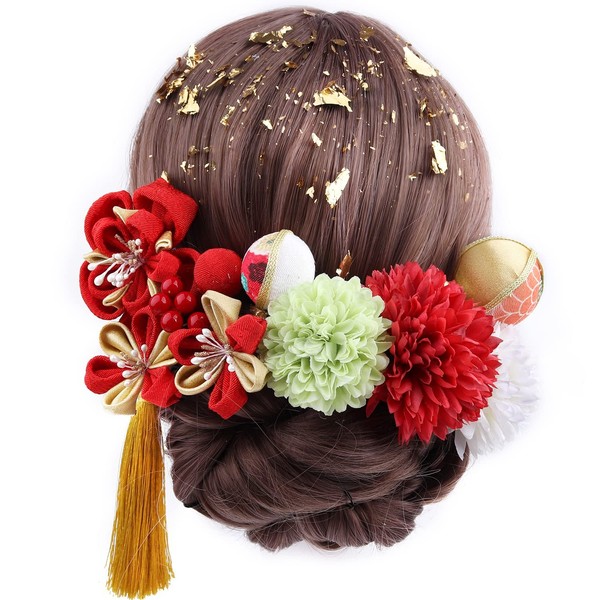 Hair Ornament, Coming-of-Age Ceremony, Kimono Hair Accessories, Handmade, 13-piece Set, Gold Color, Flower Corsage, Tassel Decoration, U-pin Type, Knob-making, For Furisodes, Graduation Ceremonies,