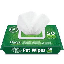 Inspire Naturals Pet Wipes 100% Natural Plant Based with Organic Antioxidants, Dog Wipes Cleaning Deodorizing Cat Wipes | Dog Bath Dog Ear Wipes | Dog Wipes for Paws and Butt (50ct - 1 Pack)