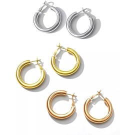 For Women Large Hoop Earrings 3 Pairs of 2" Thick Chunky Ear Hoop for Women Light Weight