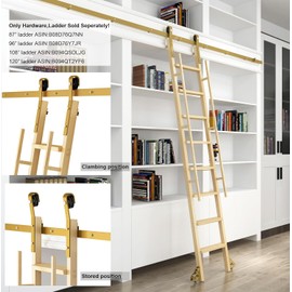 DIYHD 6.6FT Sliding Library Ladder Hardware Kit, Rolling Track System with Braking Floor Rollers, Gold Finish, Ladder Not Included