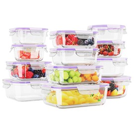 HOMBERKING 12 Sets Glass Food Storage Containers with Lids, Glass Meal Prep Containers, Airtight Glass Bento Boxes, BPA Free & Leak Proof, Pantry Kitchen Storage(12 lids & 12 Containers) - Purple