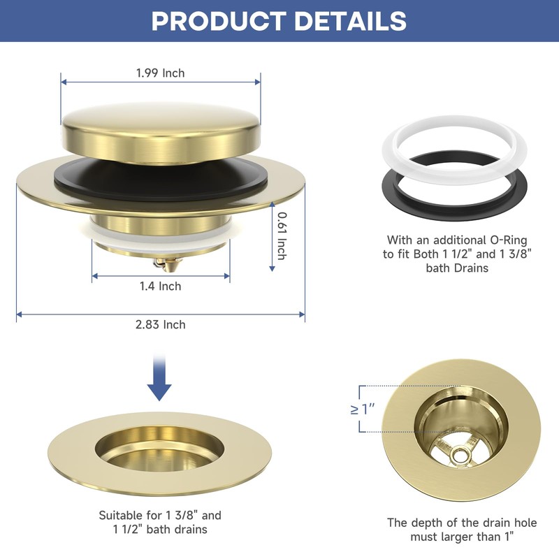 Brushed Gold Upgraded Tip Toe Tub Stopper, Universal Pop Up
