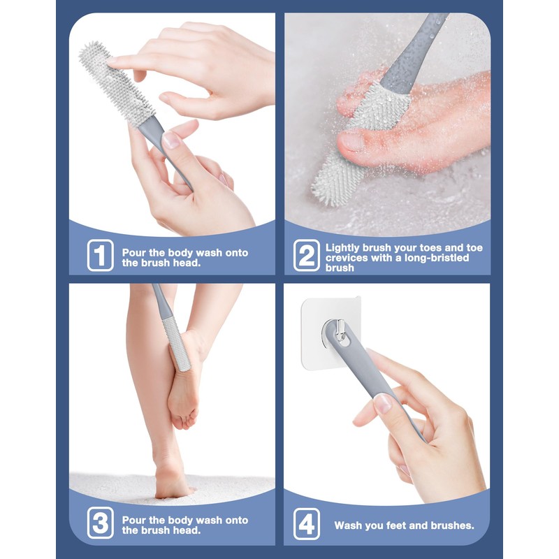 2 Pack Toe Cleaning Brush,15.7" Long Handle Silicone Foot Scrubber