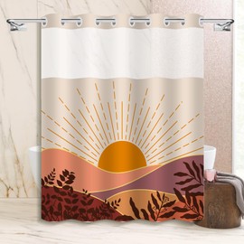 Mowxune No Hook Boho Shower Curtain with White Snap-in Liner,Boho Mid Century Sun Shower Curtain for Bathroom Decor,with See Through Mesh Top Window 71x74in