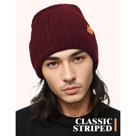 Wine Beanie Hats for Men Women Thermal Stocking Caps Warm Winter Hat Snow Skull Caps Daily Fall Spring Knit Cookies Beanie Striped Cuffed Beanie for Toboggan Ski Skate Hiking Golf