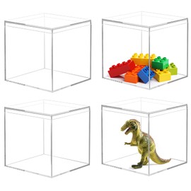 HOMURY Acrylic Box with Lid Storage Box: Pack of 4 Box Organiser Transparent, Square Acrylic Box for Jewellery, Display Case, Storage and Candy Packaging, 10 x 10 x 10 cm