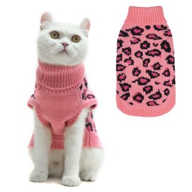 Mihachi Winter Warm Cat Sweater Turtleneck Puppy Pets Sweater Knit Vest Fashion Leopard for Cats Puppy Small Animals Pink Small