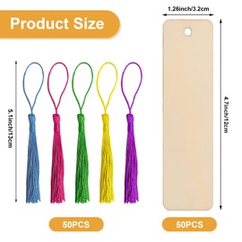 Wooden Blank Bookmarks, Wooden Craft Bookmark, 50 Pcs Blank Unfinished Wood Bookmarks and 50 Pcs Tassels Used for Reading, Christmas, Wedding, Birthday