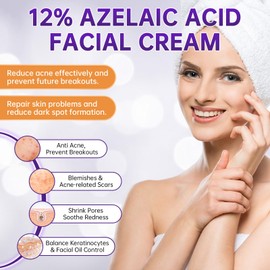 Azelaic Acid 12% Acne Cream,Azelaic Acid Serum with Niacinamide & Vitamin C Reduces Redness,Acne,Soothes Irritation,Azelaic Acid for Facial Exfoliation,Blackheads & Scars, 40g