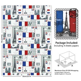 I Love Paris Wrapping Paper, Romantic French Paris Eiffel Tower Church, 4 Sheets Gift Wrap Paper, Flower Gift Wrap for Wedding, Birthday, Bridal Showers, Valentine's Day, National Day