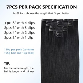 COOKAYU Clip in Hair Extensions Real Human Hair Black Remy Human Hair Clip in Extensions Jet Black Lace Clip in Extensions for Short Hair Extensions 16inch 7pcs 120g clip in for Black Women（#1-16inch）