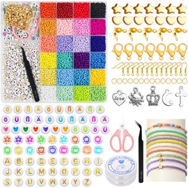 HavaCue 11365 Pieces Beads for Bracelets, 3 mm, 24 Colourful Glass Beads Kit with Gold Beads, Letter Beads Ä Ö Ü ß & Number Beads for DIY Gift Idea Bracelets Make Yourself