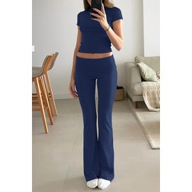 ZFLM Casual Workout Two Piece Outfits for Women Short Sleeve Crop High Waist Foldover Flare Pants Tracksuit Sets Streetwear