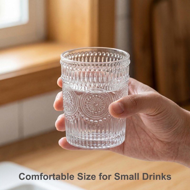 Kingrol 6 Pack SMALL 9 oz Drinking Glasses, Vintage Embossed