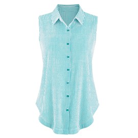Collections Etc Striped Seersucker Sleeveless Button Front Shirt Green