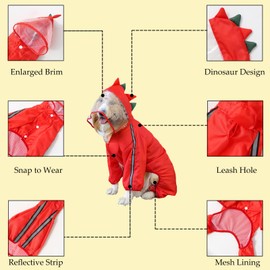 SEIS Dog Raincoat Hooded Dinosaur Rain Wear Waterproof Frog Poncho Light Breathable Suit With Reflective Strap for Small Medium Large Dogs (M, Back Length 30cm/11.8", Red Dinosaur)