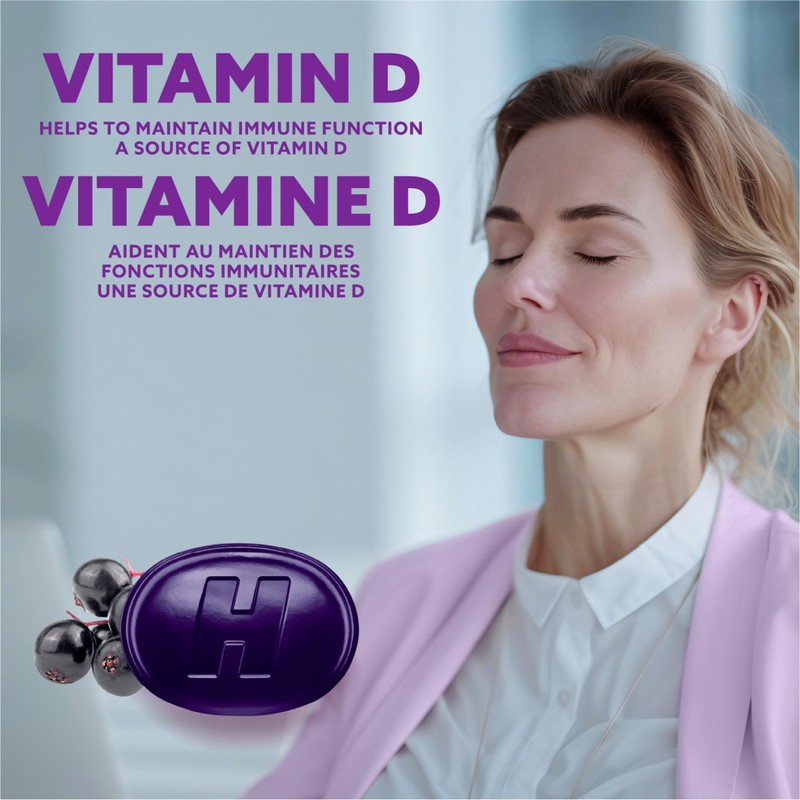 HALLS Vitamin D Elderberry Flavour Supplement Drop Lozenges, Throat Lozenges,