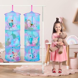 Basumee Stuffed Animals Net or Hammock 2Pcs Hanging Stuffed Animals Storage Toy Net Hammock for Stuffed Animals Organizer Mesh Hammock Kids Girls Room Decor, Blue Teal, 3 Tiers