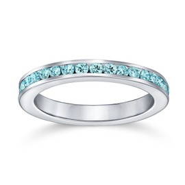 Aqua Blue Cubic Zirconia Stackable CZ Channel Set Eternity Band Ring For Women Simulated Aquamarine .925 Sterling Silver