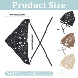 CABODYALS 3Pcs 3 Colors Crochet Bandanas Headbands Beige Black Gray Vintage Knitted Head Hair Scarf Knit Lace Floral Hollow Triangle Headscarf for Women Styling Dress Bridal Wedding Party Accessories