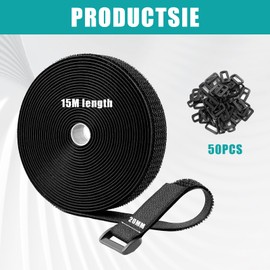 15m x 2cm Adjustable Cable Straps, Velcro Cable Ties, Reusable Velcro Straps Heavy Duty, Hook and Loop Securing Strap, Free Cut, for Cable Tidy, Wire Storage, Organizer and Management, With 50 Buckles