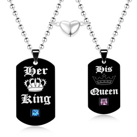 JunyiDIY Her King His Queen Couples Necklace Set - Stainless Steel Ball Chain, Blue and Pink Cubic Zirconia Crown Pendants Perfect for Royalty Couples BF GF