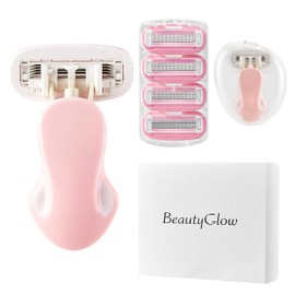 BeautyGlow Mini Razors for Women, Extra Smooth On The Go Razor with 1 Travel Case + 1 Handle + 5 Blade Refills + 1 Gift Box, 5 Blades Portable Body Razor for Shaving and Hair Removal (Pink)