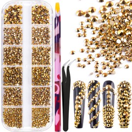 6 Sizes Gold Glass Crystal Kit with Pickup Pen + Tweezer Tools for Shine Nail Art Manicure Makeup DIY Decoration Flatback Round Rhinestone Gem Jewelry Diamond