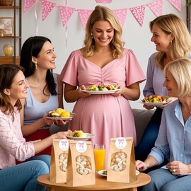 FDKYOEK 24 PCS Paper Popcorn Bags with Pink Bow Stickers, Thanks for Popping by Tags Popcorn Bags with Clear Window, Baby Shower Treat Bag for Packaging Bakery Candy Cookie