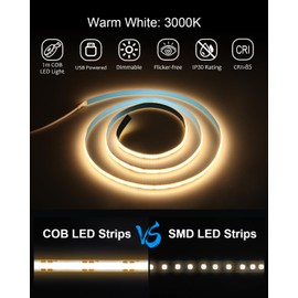 ALITOVE COB LED Strip 1 m Warm White 3000 K USB Dimmable LED Strip 320 LEDs/m 5 V for TV LED Backlight Wall Cabinet Underlighting Bedroom Home Decoration