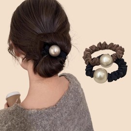 [VIISEN] Scrunchie Hair Elastic Stylish Hair Accessory Simple Cute Pearl Set of 2 Hair Elastic Hair Ornaments Elegant Stylish Pearl Hair Rubber Commuting Office Travel (A)