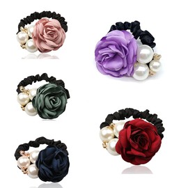 FXQHAN 5PCS Korean Fashion Pearl Hair Rope Rose Flower Hair Band Elastic Hair Tie