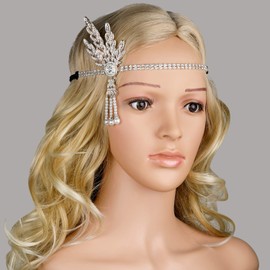 qanyue 1920s Flapper Headband, The Great Gatsby Headpieces for Women, Roaring 20s Costume Accessories Set Pearl Necklace Bracelet Earrings Gloves