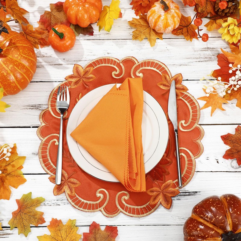 HunnmingRe 6 Pcs Thanksgiving Embroidered Pumpkin Velvet Placemats 14 Inch