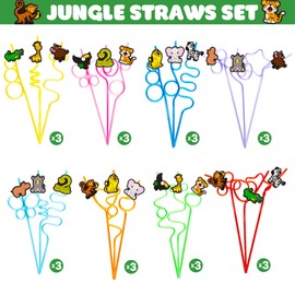 24 Jungle Drinking Crazy Straws for Kids | Jungle Themed Animals Birthday Party Supplies Favors Decorations with 24 PVC Safari Charm, 2 Cleaning Brushes Reusable Straw