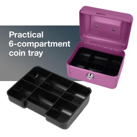 Westcott Cash Box Lockable (Compact, 15 cm) Lilac | Lockable Sheet Steel Box with 2 Keys | Removable Coin Tray with 6 Compartments | E-51000 LILAC