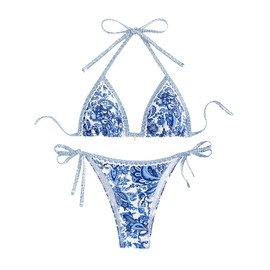 WDIRARA Women's 2 Pcs Boho Bikini Sets Floral Print String Triangle Swimsuits Blue and White XXS