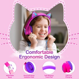 LOBKIN Bluetooth 5.3 Kids Headphones with Case - RGB LED Light Up Cat Ears Foldable Adjustable On-Ear Headset Support Wireless or 3.5mm Wired Mode for Toddler & Girls & Boys Teens (Hot Pink)