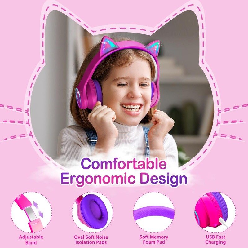 LOBKIN Bluetooth 5.3 Kids Headphones with Case - RGB LED