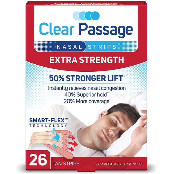 Clear Passage Nasal Strips Extra Strength, Tan, 26 Count | Works Instantly to Improve Sleep, Reduce Snoring, & Relieve Nasal Congestion Due to Colds & Allergies