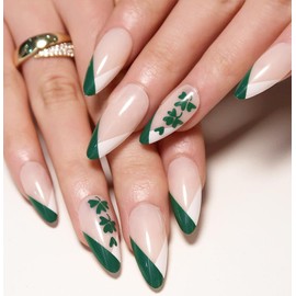 St Patricks Day False Nails with Glue, Green Press on Nails Almond, White French Short Nails Acrylic Glue on Nails, Long Lasting Green Stick on Nails for Women, 24PCS