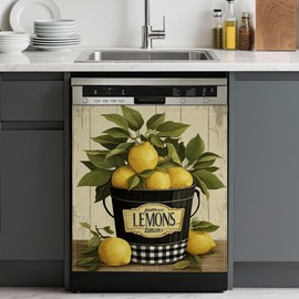 Washable Farmhouse Lemon Bucket Dishwasher Magnetic Cover for Kitchen Decor,Refrigerator Magnet Front Panel for Appliances,23 x 26 Inch