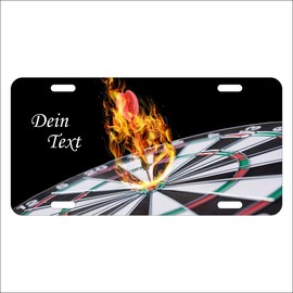 Dart Sign License Plate Type USA with Desired Text and Your Name, Aluminium Bell Sign, Door Sign, US Car Number Plate, Dartboard with Arrow in Flames