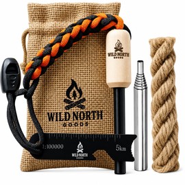 Wild North Goods Fire Starter Kit - Ferro Rod, Striker, Tinder Rope, Bellow & Bag - Survival Gear for Camping, Bushcraft, Hiking & Emergency Use (15,000+ Strikes)