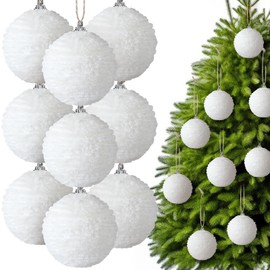 Hungdao 9 Pcs Velvet Christmas Balls Flocked Chenille Christmas Tree Ball Ornaments Decorative Xmas Hanging Decoration for Xmas Tree Decor, 2.36 Inch(White)