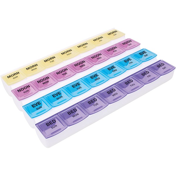 Apex 7-Day Mediplanner Pill Organizer, Weekly Pill Organizer, 4 Times A Day Color-Coded, Easy-Open, See-Through Lids, Organize Medication Or Vitamins By AM, PM, Evening And Bedtime